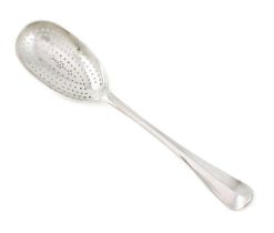 A George II silver Hanoverian straining spoon, possibly by Jeremiah King, London circa 1730, pierced