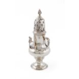 A George II silver sugar caster, by Samuel Wood, London 1756, baluster form, rope-work border, with