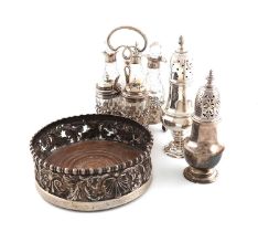 A mixed lot of silver items, comprising: a late-Victorian silver five-bottle cruet frame, by
