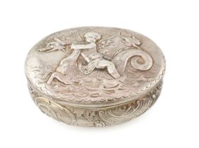 A 19th century continental silver box, oval form, scroll foliate decoration, the hinged cover with