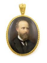 A Victorian gold-mounted enamel pendant, unsigned, circa 1880, oval form, enamelled portrait of a