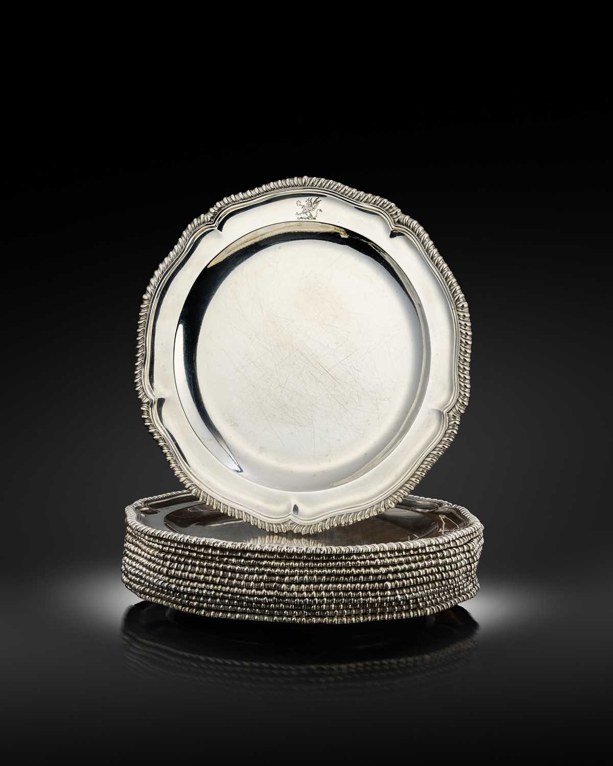 A set of twelve George III silver plates, by Wakelin and Taylor, London 1785, circular form, gadroon