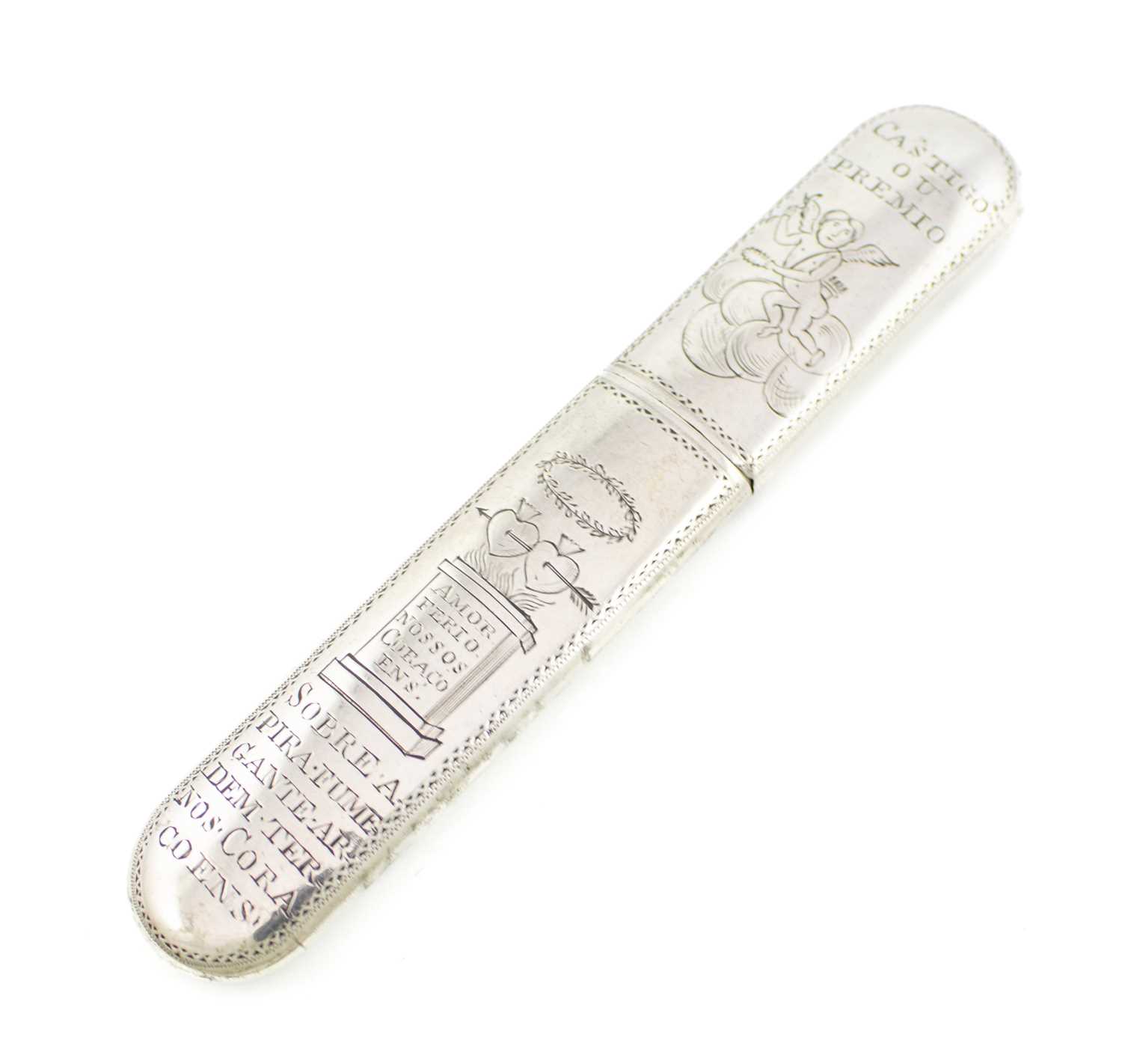 A Portuguese silver needle case, unmarked, oblong form, with engraved decoration and Portuguese