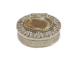 A silver and agate box, unmarked, probably 18th century, oval form, acanthus leaf and mask