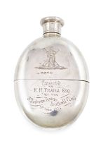 A Victorian presentation silver hip flask, by Thomas Smily, London 1874, oval form, pull-off