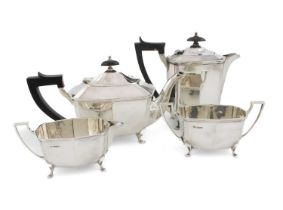 A four-piece silver tea and coffee set, by C W Fletcher & Son Ltd, Sheffield 1930, faceted