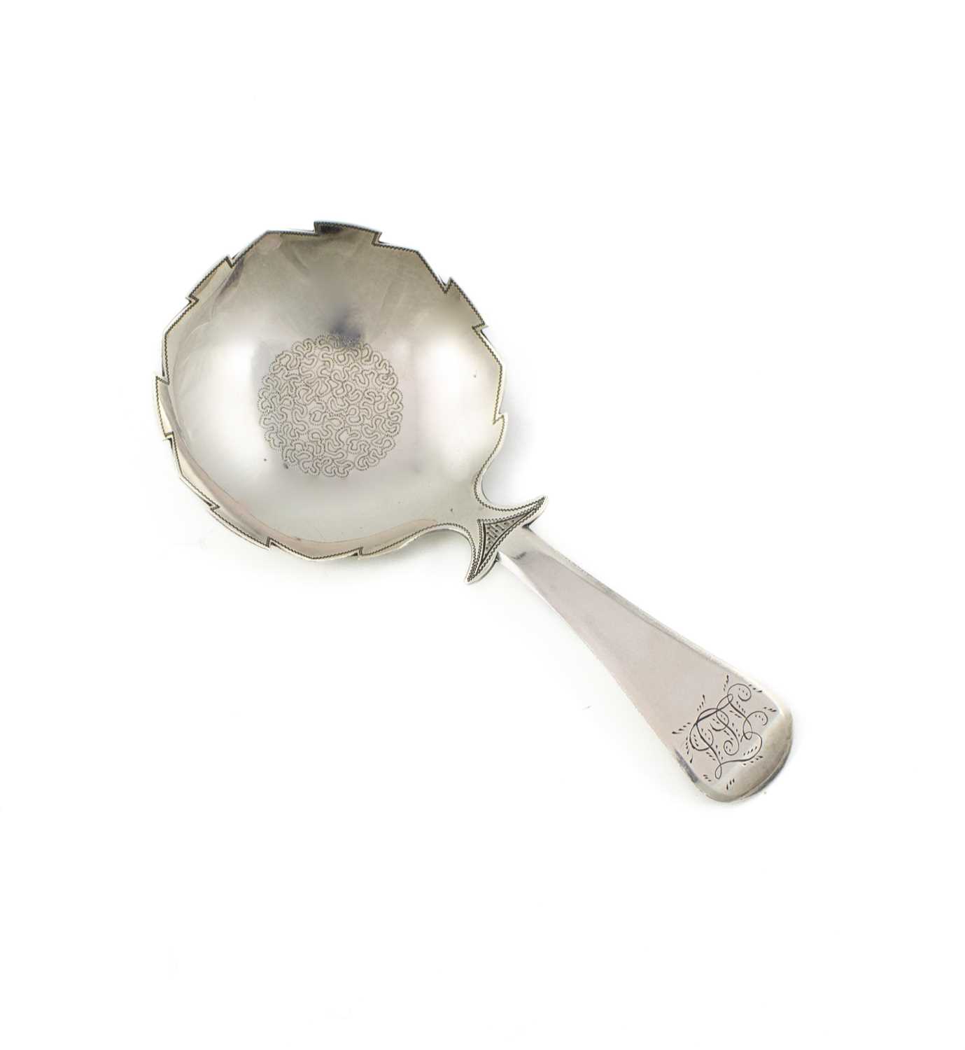 A George III silver caddy spoon, by Thomas James, London 1813, large shaped circular bowl, the Old