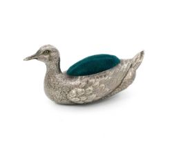 An Edwardian silver novelty duck pin cushion, by Levi & Salaman, Birmingham 1909, modelled in the