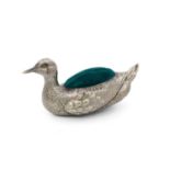 An Edwardian silver novelty duck pin cushion, by Levi & Salaman, Birmingham 1909, modelled in the