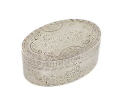 A continental silver snuff box, marked with an A and an indistinct mark, oval form, engraved
