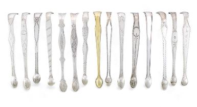 A collection of fifteen pairs of George III silver sugar tongs, various dates and makers,