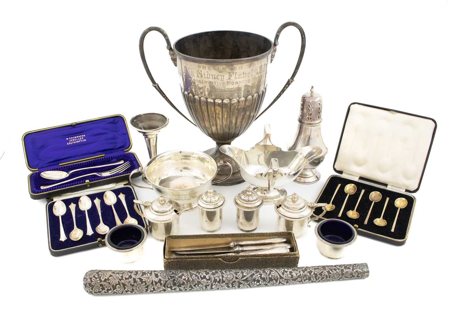 A mixed lot of silver items, various dates and makers, comprising: a two-handled trophy, a two-