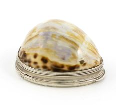 A George III Irish silver-mounted cowrie shell snuff box, maker's mark only I.K, probably for