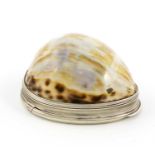 A George III Irish silver-mounted cowrie shell snuff box, maker's mark only I.K, probably for