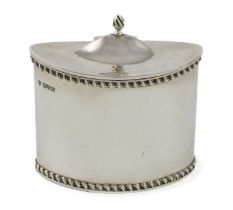 A small silver tea caddy, by Haseler Brothers, Chester 1913, oval form, gadroon border, a domed