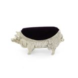 A modern continental silver novelty pig pin cushion, stamped 800, modelled in a standing position,