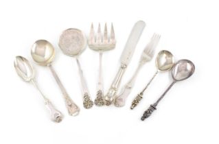 A mixed lot of silver flatware, comprising: a Scottish trefid spoon by Wilson & Sharp Ltd, Edinburgh