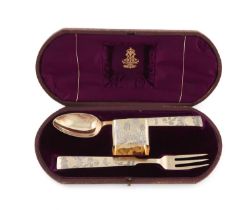 A Victorian Aesthetic movement silver-gilt christening set, by Martin, Hall and Co., Sheffield 1879,