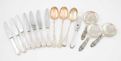 A mixed lot of Scandinavian silver flatware, comprising: a set of seven Danish silver-handled