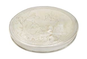 An 18th century silver-mounted mother-of-pearl snuff box, unmarked, oval form, the hinged cover