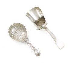 A George III silver Bright-cut caddy spoon, by William Brockwell, London 1787, bifurcated handle,