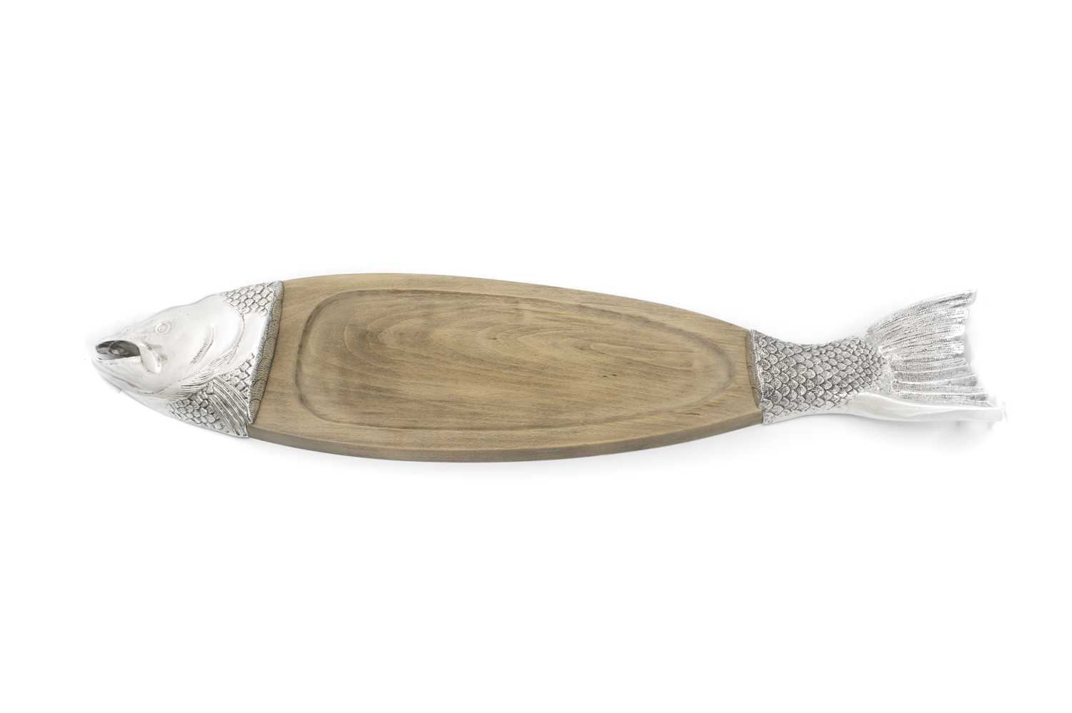 An electroplated-mounted wooden fish serving board, unmarked, modelled as a salmon, length 89cm.