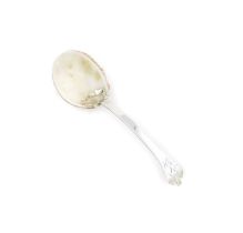 A late-17th/early-18th century silver-mounted cowrie shell Trefid spoon, unmarked, circa 1700, the