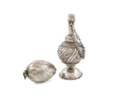 A continental silver two-section pomander/spice box, unmarked, probably 18th century, egg form, with