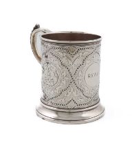 A Victorian silver mug, by Robert Hennell, London 1858, circular form, engraved decoration, leaf-