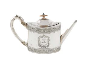 λ A George III silver teapot, by Robert Hennell, London 1793, oval form, bright-cut foliate