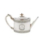 λ A George III silver teapot, by Robert Hennell, London 1793, oval form, bright-cut foliate