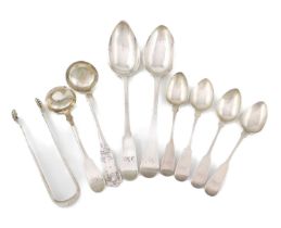 A collection of Scottish silver flatware, comprising: a George IV tablespoon by Henry Mouncie,