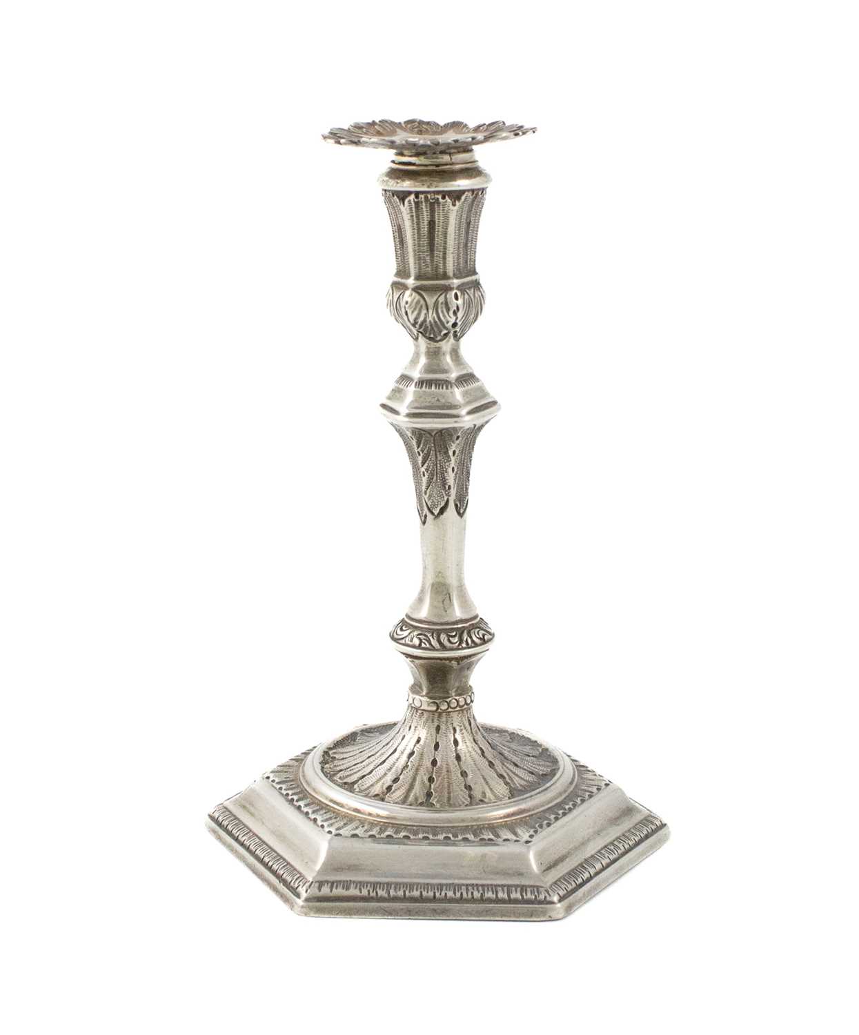 A George II silver taperstick, by James Gould, London 1731, tapering and knopped form, acanthus leaf