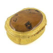 An 18th century gilt metal and agate snuff box, unmarked, circa 1760, oblong form chased decoration,