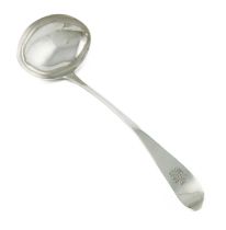 A George III Irish provincial silver Celtic Point pattern soup ladle, by Carden Terry and Jane