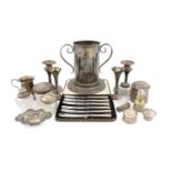 A mixed lot of silver items, comprising: a pair of candlesticks, Birmingham 1901, a mug, a pair of