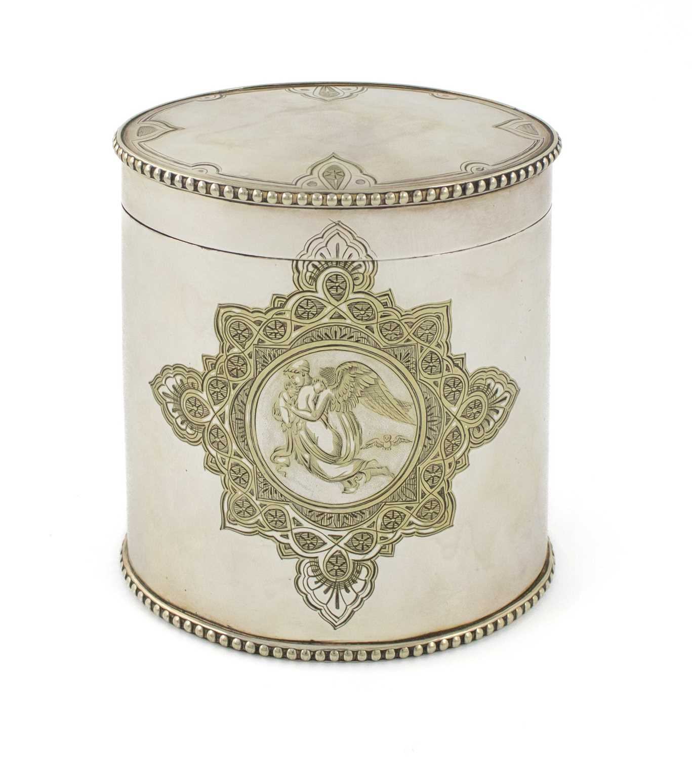 An electroplated tea caddy, by Roberts & Briggs, circa 1860, oval form, beaded borders, hinged