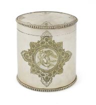 An electroplated tea caddy, by Roberts & Briggs, circa 1860, oval form, beaded borders, hinged