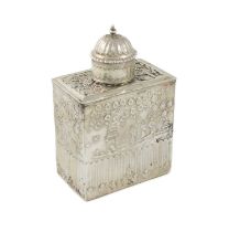 A silver tea caddy, unmarked, probably 18th century, rectangular form, decorated in the manner of