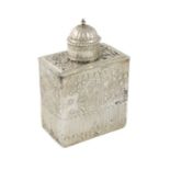 A silver tea caddy, unmarked, probably 18th century, rectangular form, decorated in the manner of