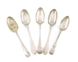 A mixed lot of silver spoons, comprising: a Queen Anne Dog-nose tablespoon by Thomas Peele, London