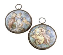 A pair of 19th century enamel plaques, oval form, with classical female figure with cupids in