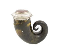 A 19th century Scottish silver-mounted and agate horn snuff mull, unmarked, scalloped edge to the