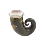 A 19th century Scottish silver-mounted and agate horn snuff mull, unmarked, scalloped edge to the