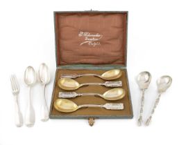 A mixed lot of continental silver flatware, comprising: an early-18th century French Fiddle