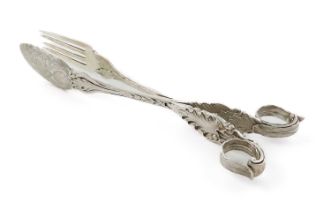 A pair of William IV silver serving tongs, by Charles Fox II, London 1831, moulded floral