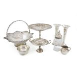A mixed lot of silver items, comprising: a pierced tazza, Sheffield 1913, a pierced swing-handled