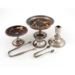 λ A mixed lot of silver items, comprising: a silver and tortoiseshell tazza, London 1912, another