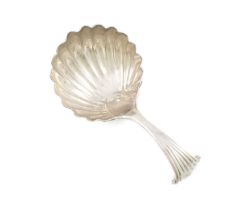A George III silver Onslow pattern caddy spoon, unmarked, circa 1770, shell bowl, the reverse of the