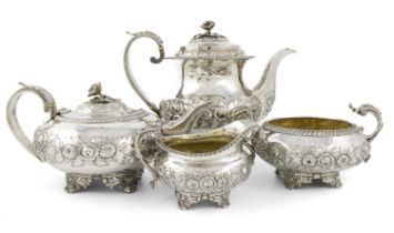 λ A George IV silver four piece silver tea and coffee set, by William Traies, London 1824,